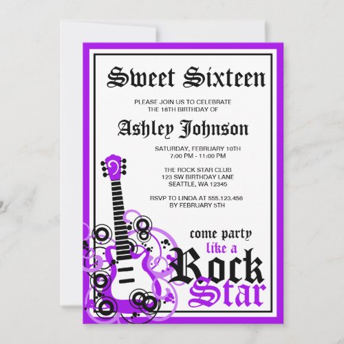 Rock Star Guitar Sweet 16 Birthday Party Purple Invitation