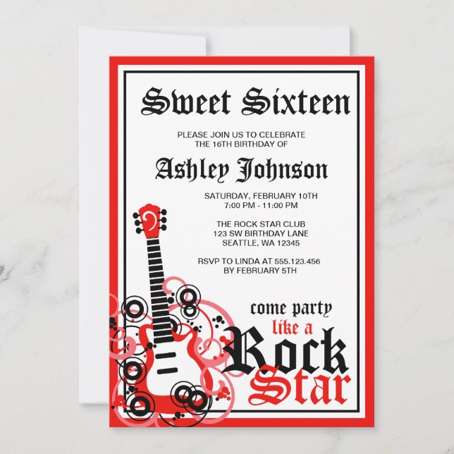 Rock Star Guitar Sweet 16 Birthday Party Red Invitation (Front)