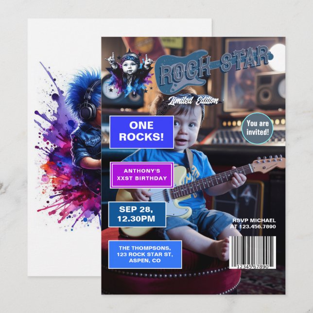 Rock Star "One Rocks!" Magazine Cover 1st Birthday Invitation (Front/Back)
