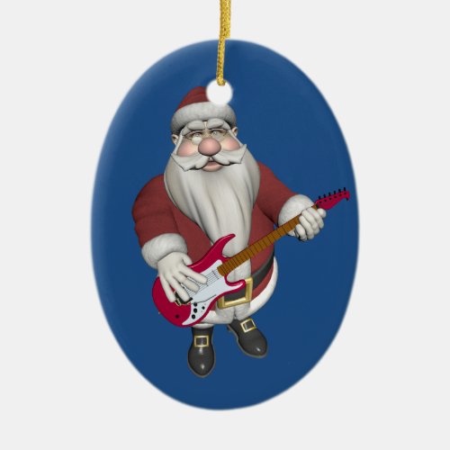 Rock Star Santa With Red Electric Guitar Ceramic Ornament