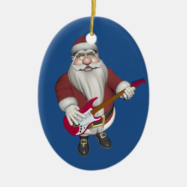 Rock Star Santa With Red Electric Guitar Ceramic Ornament (Front)