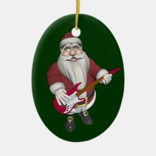 Rock Star Santa With Red Electric Guitar Ceramic Ornament