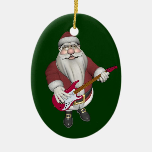 Rock Star Santa With Red Electric Guitar Ceramic Ornament (Front)