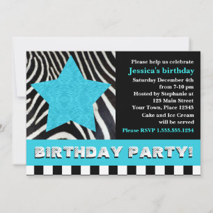 Rock Star Zebra Birthday Party - Blue Invitation