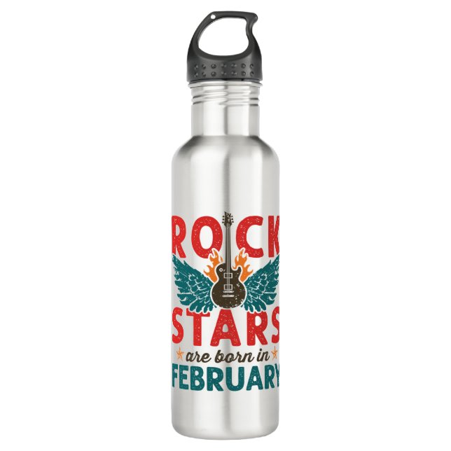 Rock Stars Are Born in February Birthday Stainless Steel Water Bottle (Front)