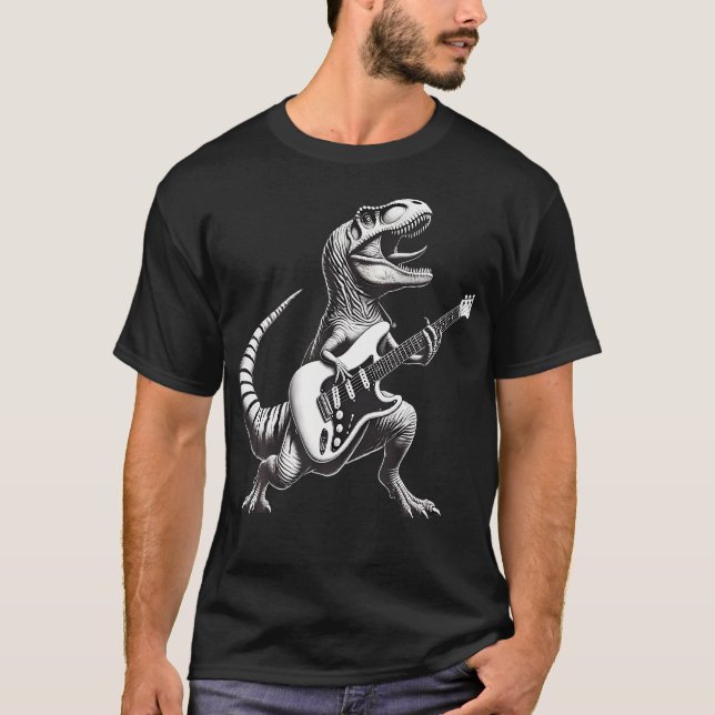 Rock T Rex Dinosaur Playing Guitar T-Shirt (Front)