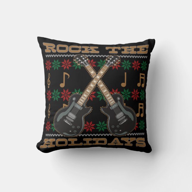 Rock The Holidays Guitar Ugly Christmas Sweater Throw Pillow (Front)
