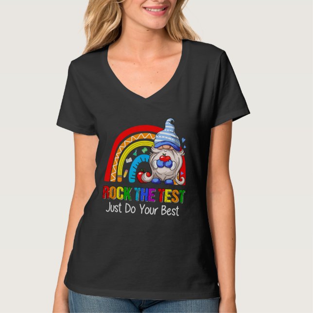 Rock The Test  Teacher Testing Day Rainbow Gnomes T-Shirt (Front)