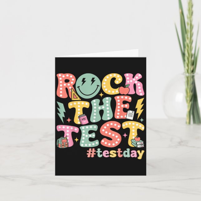 Rock The Test Testing Day Retro Motivational Teach Card (Front)