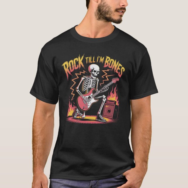 Rock Till I’m Bones Skeleton Guitar T-Shirt (Front)