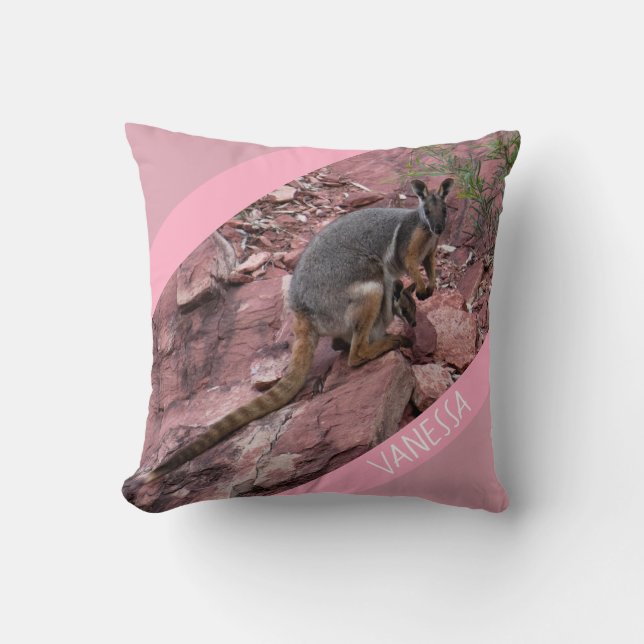 Rock Wallaby and Baby, Pink Accent Girls Throw Pillow (Front)