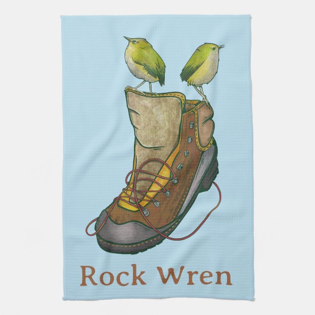 Rock Wren Tuke On a hiking boot Kitchen Towel (Vertical)