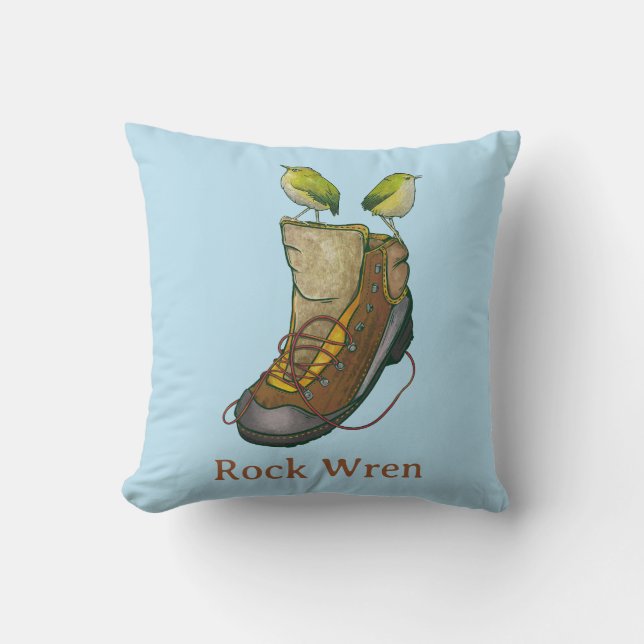 Rock Wren Tuke On a hiking boot Throw Pillow (Front)