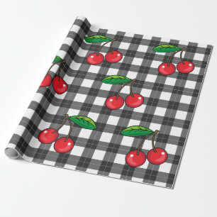 Rockabilly 1950s Cherries on Black White Plaid Wrapping Paper