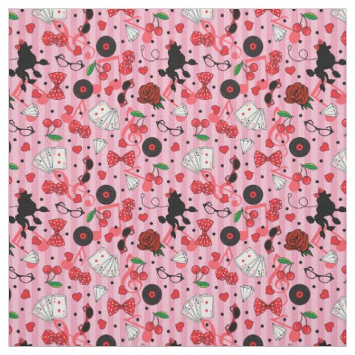 Rockabilly 50s Rocker Poodle Cherries and Roses Fabric