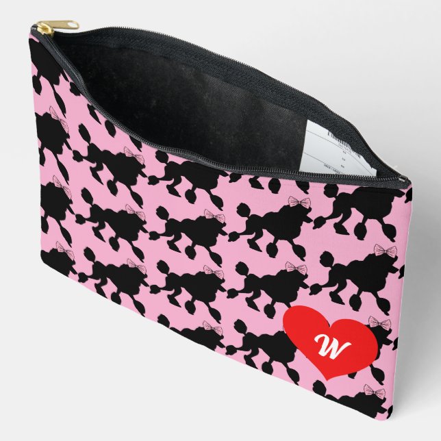 Rockabilly Black Poodles Pink Monogram Accessory Pouch (Open)