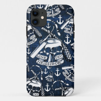 Rockabilly brass knuckles and anchors in navy iPhone 11 case