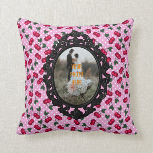 Rockabilly Cherries on Pink Personalize with Photo Throw Pillow