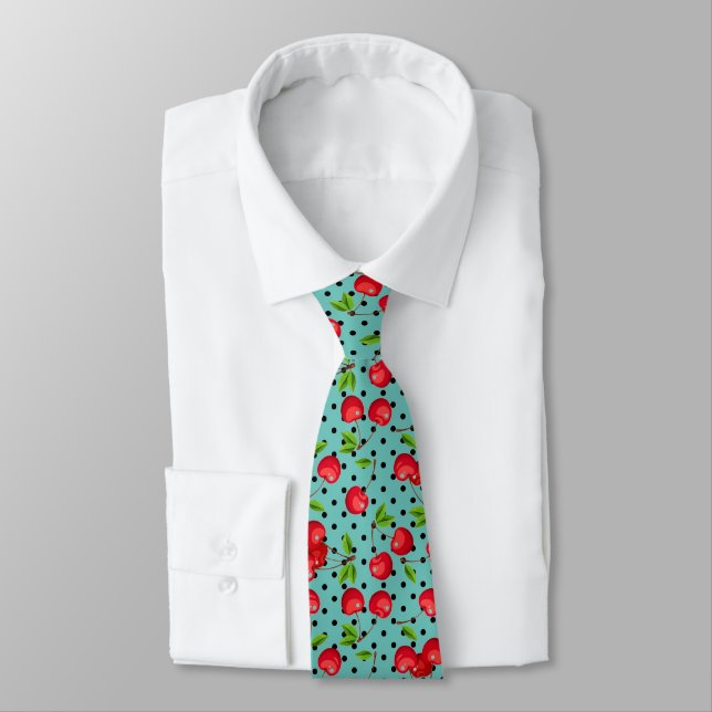 Rockabilly Cherries Polka Dots on Blue Neck Tie (Tied)