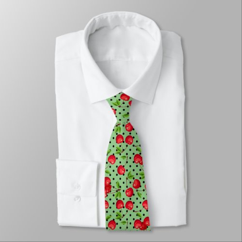 Rockabilly Cherries Polka Dots on Mint Green Neck Tie