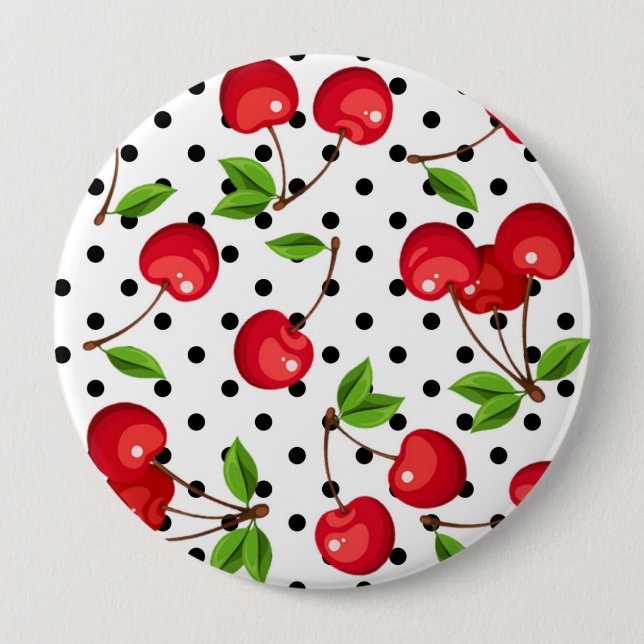 Rockabilly Cherries Polka Dots on White Button (Front)