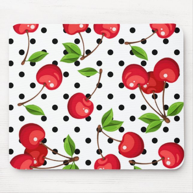 Rockabilly Cherries Polka Dots on White Mouse Pad (Front)