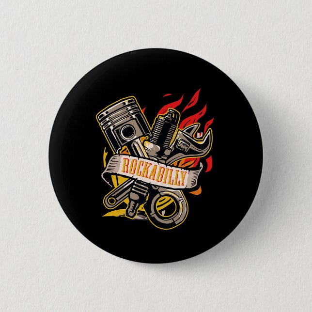 Rockabilly Engine Piston Wrench On Fire Mechanic Button (Front)