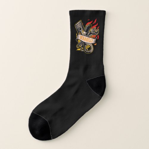 Rockabilly Engine Piston Wrench On Fire Mechanic Socks