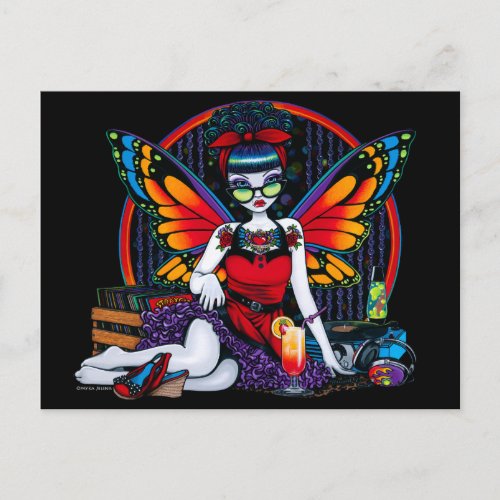 Rockabilly Fairy Retro Record Player Rainbow Postcard