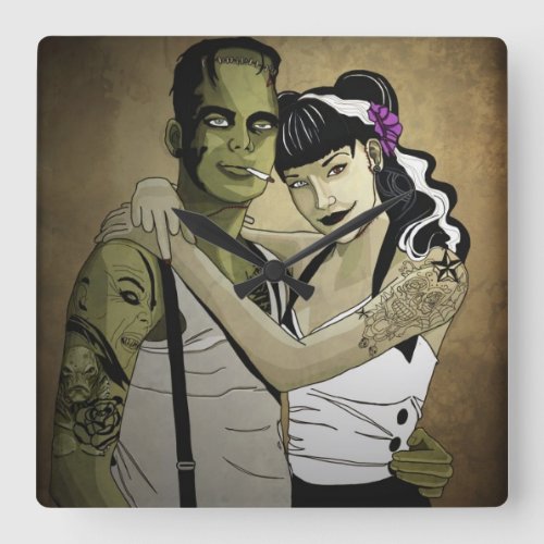 Rockabilly Frank and Bride Square Wall Clock
