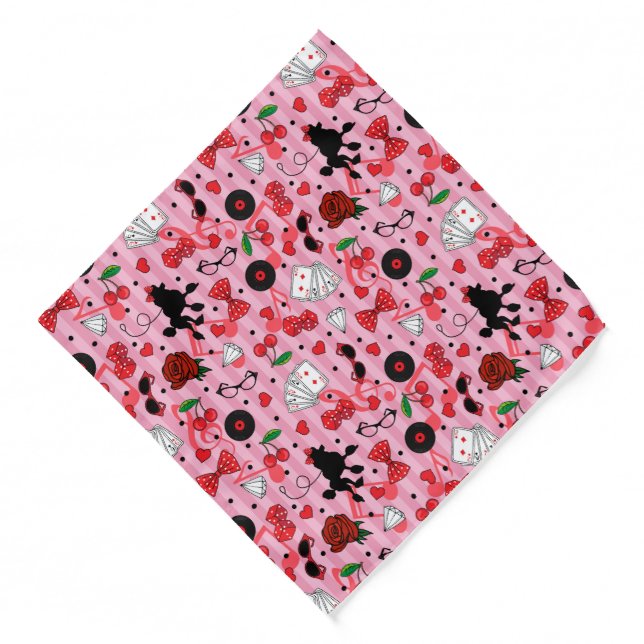 Rockabilly Girl Poodles Cherries Roses 50s Pink Bandana (Front)