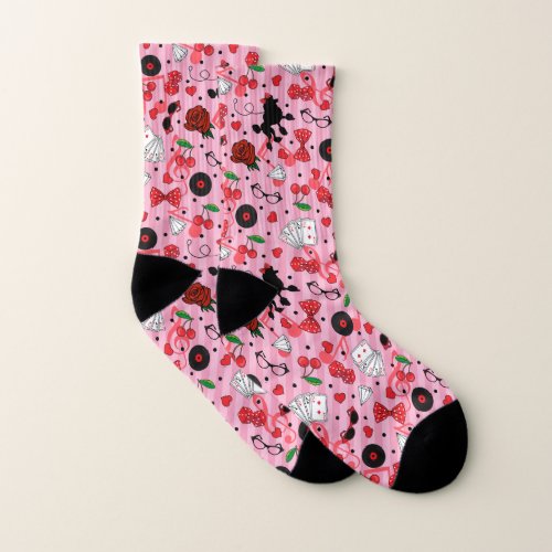 Rockabilly Girly Style Poodle Pattern Pink Socks