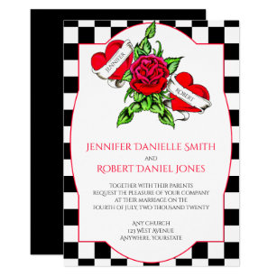 Rockabilly Invitations Announcements Zazzle Rockabilly Hearts And Rose Wedding Invitation
