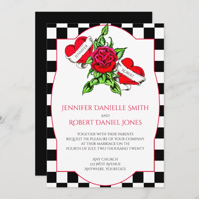 Rockabilly Hearts and Rose Wedding Invitation (Front/Back)