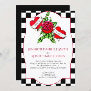 Rockabilly Hearts and Rose Wedding Invitation