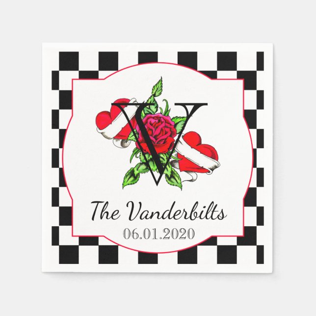 Rockabilly Hearts and Rose Wedding Napkin (Front)