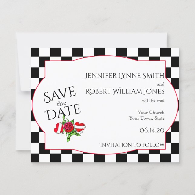 Rockabilly Hearts and Rose Wedding Save the Date (Front)