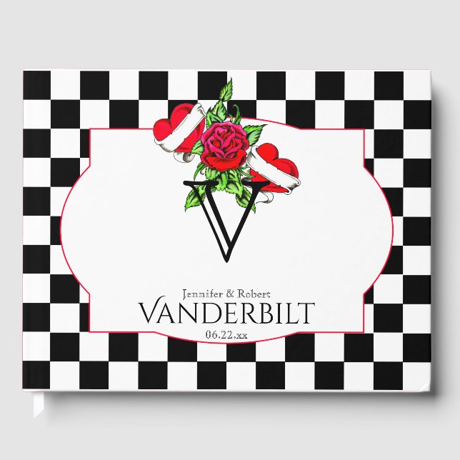 Rockabilly Hearts Rose Wedding Guest Book (Front)