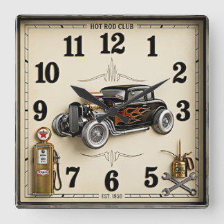Rockabilly hot rod square wall clock