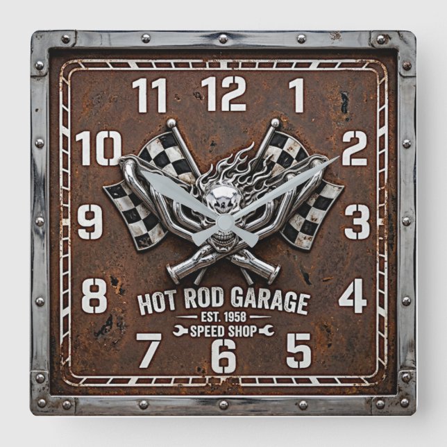 Rockabilly Hot Rod Square Wall Clock (Front)