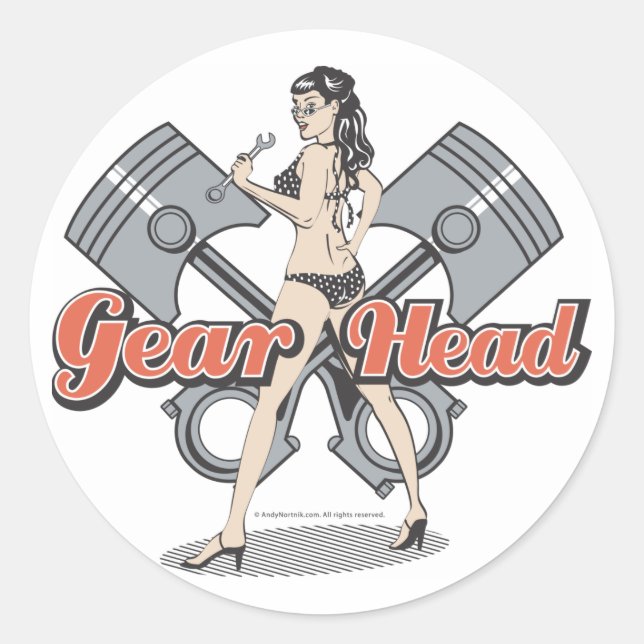Rockabilly pinup girl with pistons classic round sticker (Front)