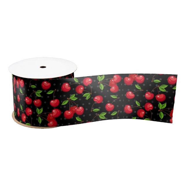 Rockabilly Polka Dots and Cherries on Black Satin Ribbon (Spool)