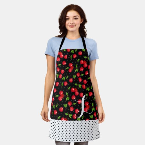 Rockabilly Polka Dots Cherries Black Personalized Apron