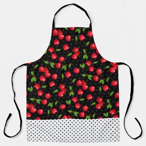 Rockabilly Polka Dots  Cherries on Black Apron