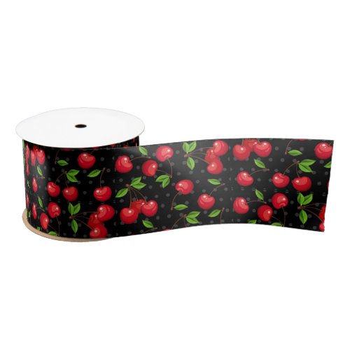 Rockabilly Polka Dots  Cherries on Black Satin Ribbon