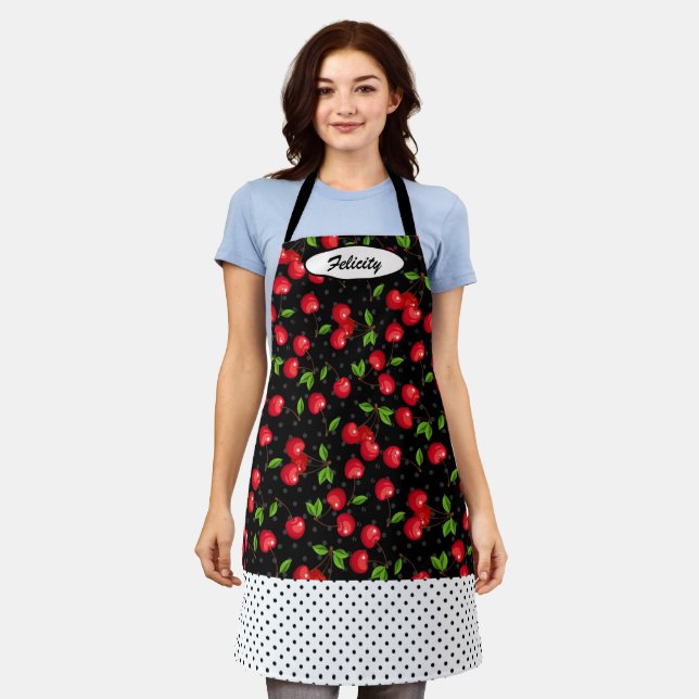 Rockabilly Polka Dots & Red Cherries Personalized Apron (Worn)