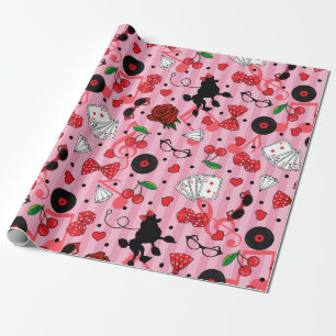 Rockabilly Poodles Cherries and Dice Birthday Wrapping Paper