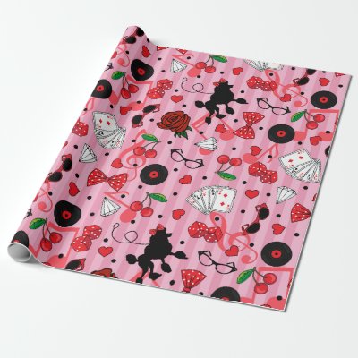 Rockabilly Poodles Cherries and Dice Birthday Wrapping Paper