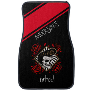 Rockabilly Rat Rod Hotrod Owner's Name Red Stripe  Car Floor Mat