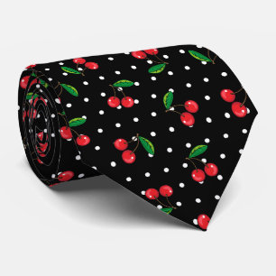 Rockabilly Red Cherries and Polka Dots Black Neck Tie